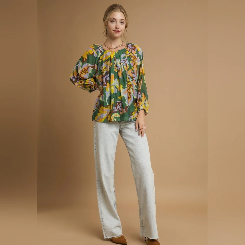 Umgee Retro Abstract Shirt Pleated 70s Round Neck Top Long Balloon Sleeve Blouse - Picture 8 of 16